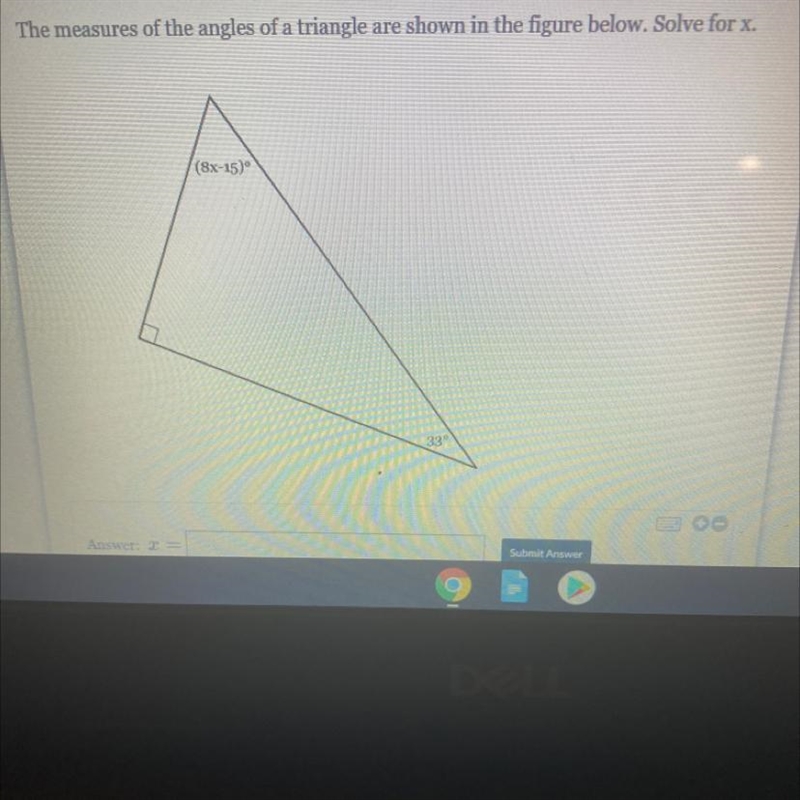 The measures of the angles of a triangle are shown in the figure below. Solve for-example-1