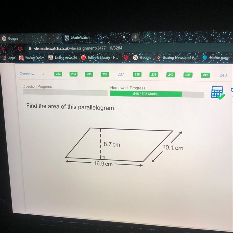 Find the area of this parallelogram. 8.7 cm 10.1 cm 16.9 cm-example-1