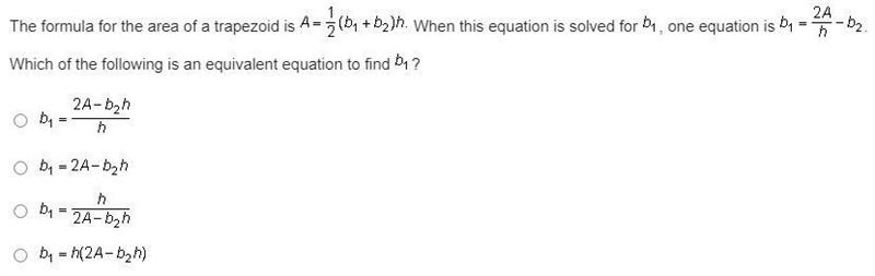 The formula for the area of a trapezoid is A = one-half (b Subscript 1 Baseline + b-example-1