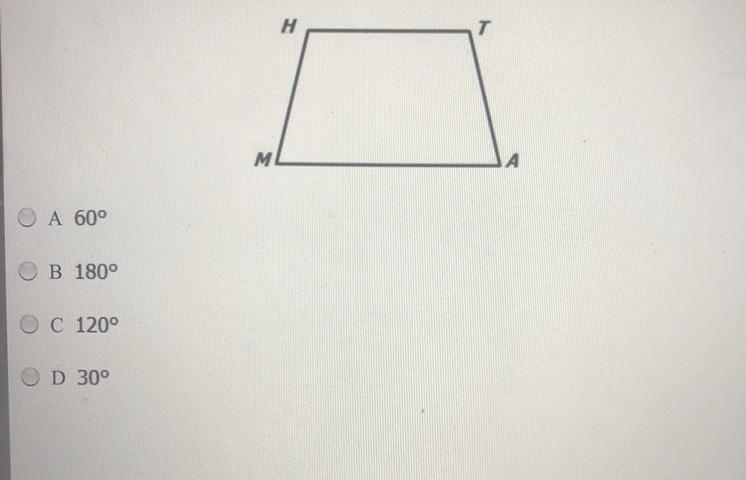 If MATH is an isosceles trapezoid and the m∠A = 60°, what is the m∠H?-example-1