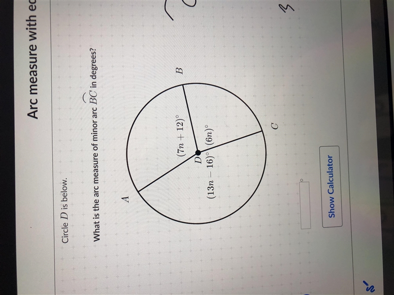 Circle D is below. What is the arc measure of minor arc BC in degrees-example-1