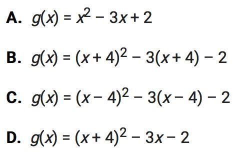 F(x)=x^2-3x-2 is shifted 4 units right. The result is g(x). What is g(x)?-example-1