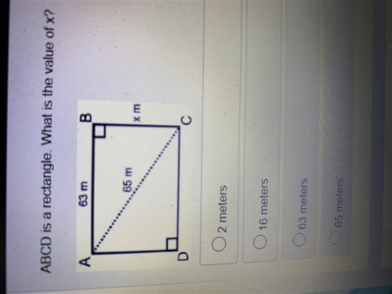 ABCD is a rectangle. What is the value of x? A. 2 meters B. 16 meters C. 63 meters-example-1