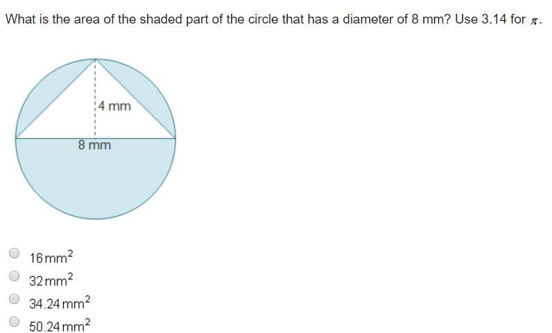 What is the area of the shaded part of the circle that has a diameter of 8 mm? Use-example-1