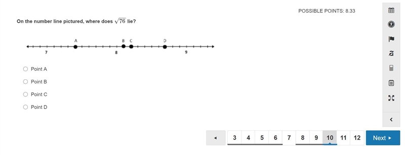 On the number line pictured, where does √76 lie?-example-1