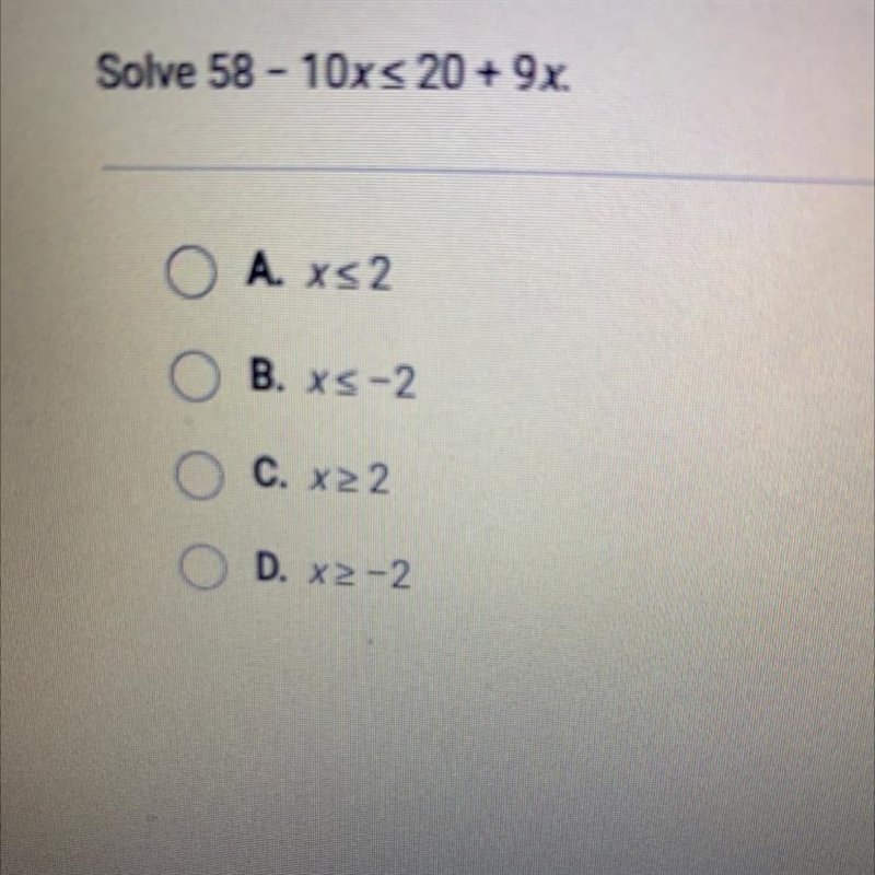 Solve 58 - 10x<20+9x-example-1