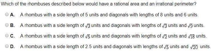 Rational Area and Irrational Perimeter Question for a Rhombus Look at Picture-example-1