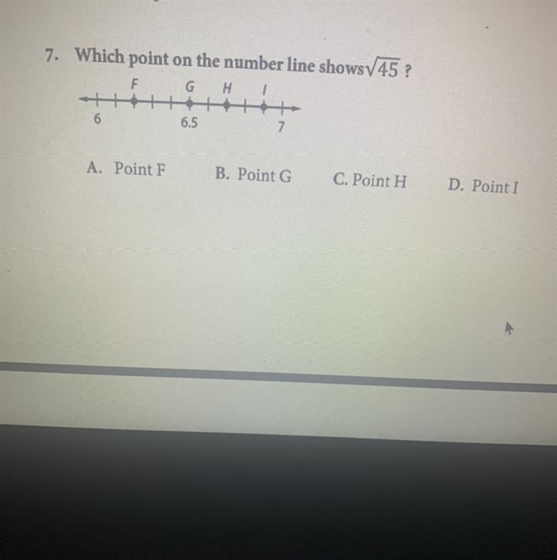 Which point on the number line shows 45 ? G H 1 F 6 6.5 7 A. Point F B. Point G O-example-1