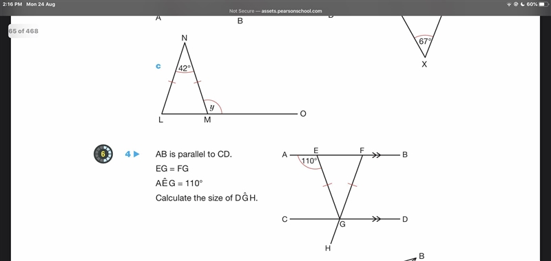 AB is parallel to CD. EG = FG ˆ AEG = 110° ˆ Calculate the size of DGH.-example-1