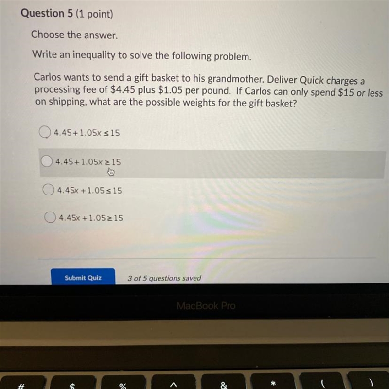 Write an inequality to solve the following problem. Carlos wants to send a gift basket-example-1