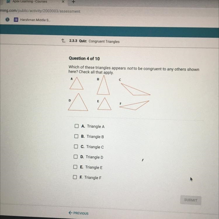 Which of these triangles appears not to be congruent to any others shown here? Check-example-1