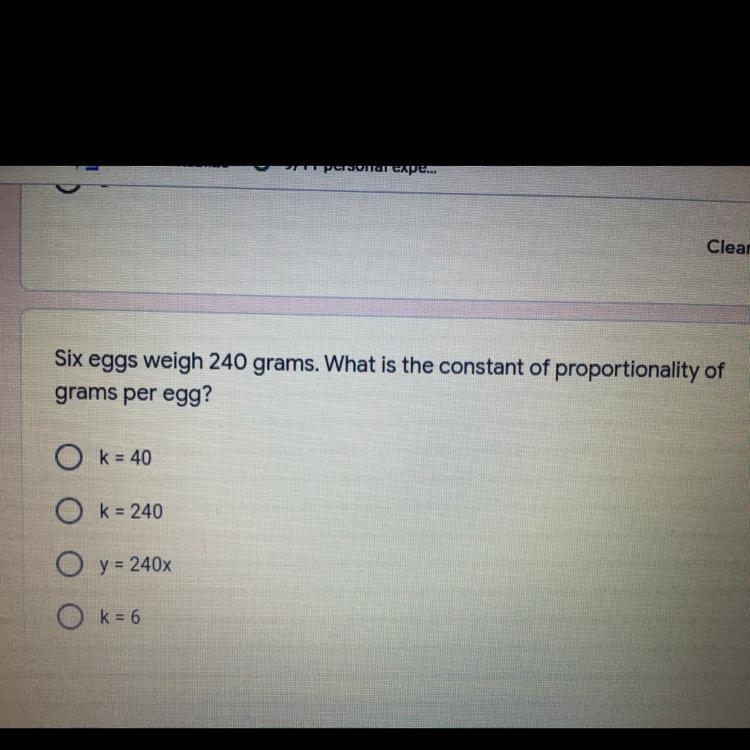 HELPP ME EMERGENCY Six eggs weigh 240 grams. What is the constant of proportionality-example-1