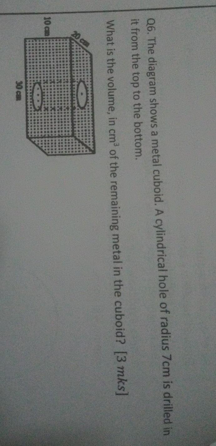 Q6. The diagram shows a metal cuboid. A cylindrical hole of radius 7cm is drilled-example-1