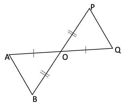 In the figure O is the midpoint of AQ and BP. (i) Is ΔOAB≅ΔOQP? (ii) Which pairs of-example-1