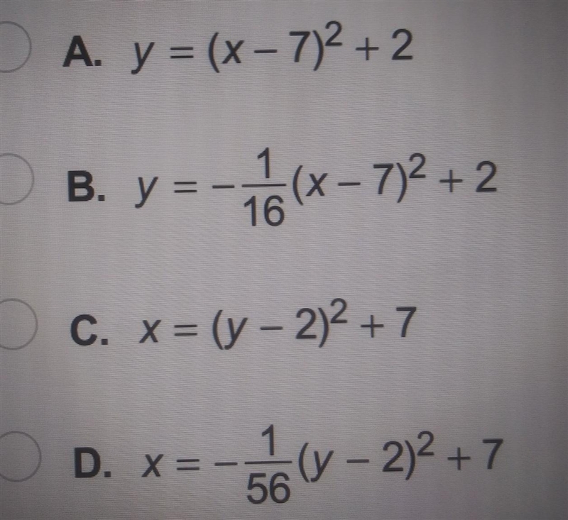 What is the equation of a parabola with vertex (7, 2) and focus (7,-2)? ​-example-1