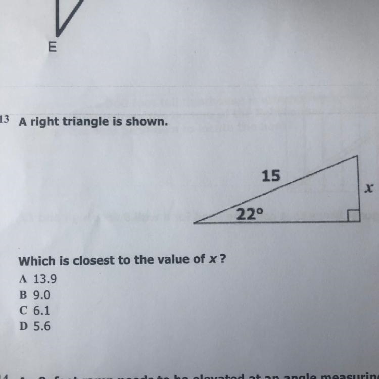 A right triangle is shown. Which is closest to the value of x?-example-1