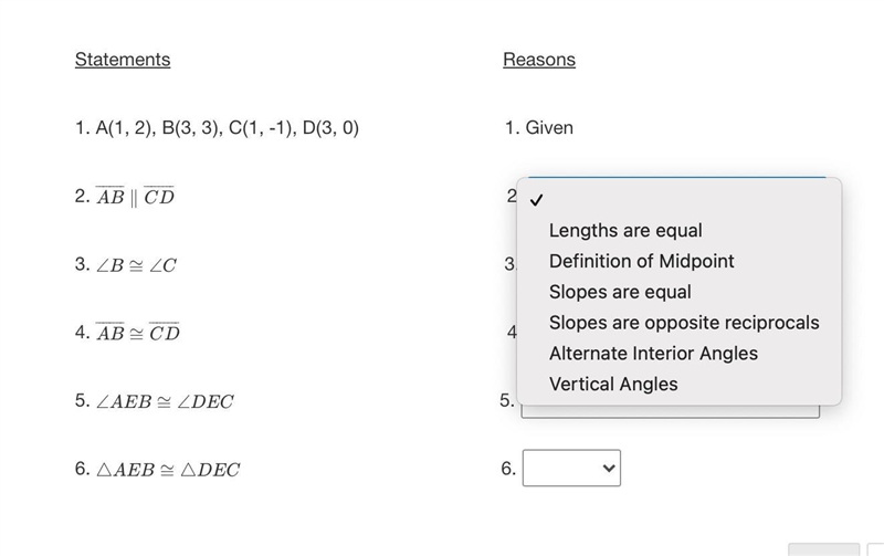 Complete the coordinate proof. Given: A(1, 2), B(3, 3), C(1, -1), D(3, 0) Prove: △AEB-example-2