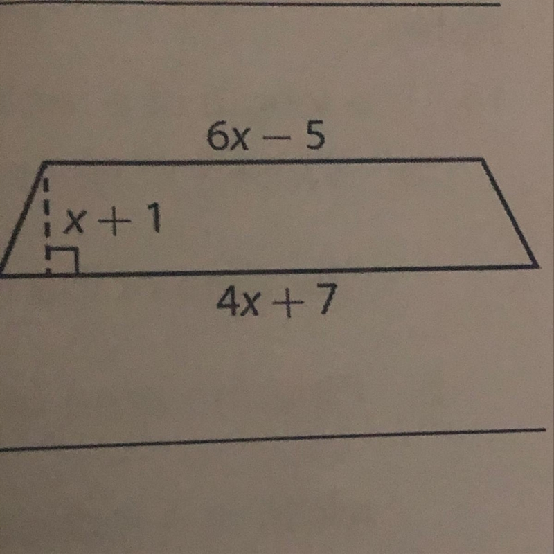 Write a polynomial expression that represents the area of the trapezoid. (A=1/2h(b-example-1