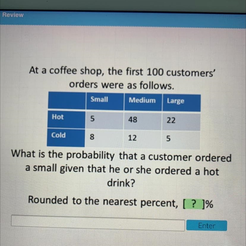 At a coffee shop, the first 100 customers' orders were as follows. What is the probability-example-1