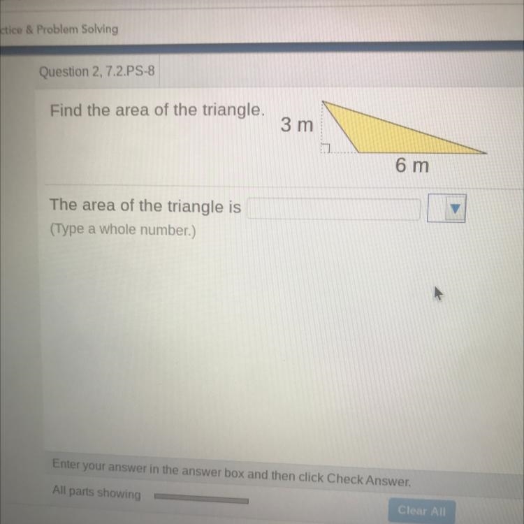 Find the area of the triangle. 3 m 6 m-example-1