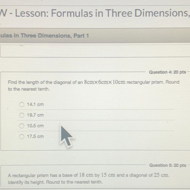 Find the length of the diagonal of an 8cmx 6cmx 10cm rectangular prism. Round to the-example-1