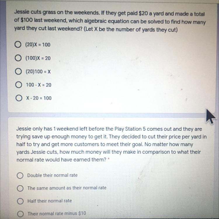 Jessie cuts grass on the weekends. If they get paid $20 a yard and made a total of-example-1