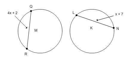 Circles M and K are congruent, segment QR is congruent to arc LN . Find the length-example-1