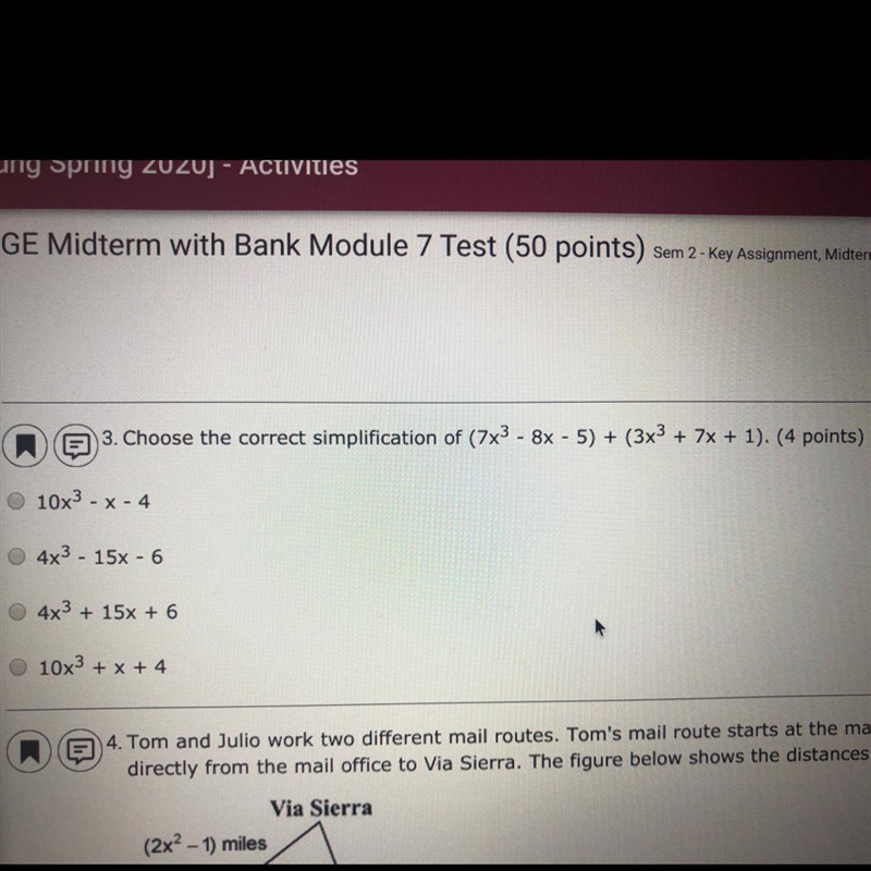 Choose the correct simplification of (7x^3 - 8x - 5) + (3x^3 + 7x + 1)-example-1