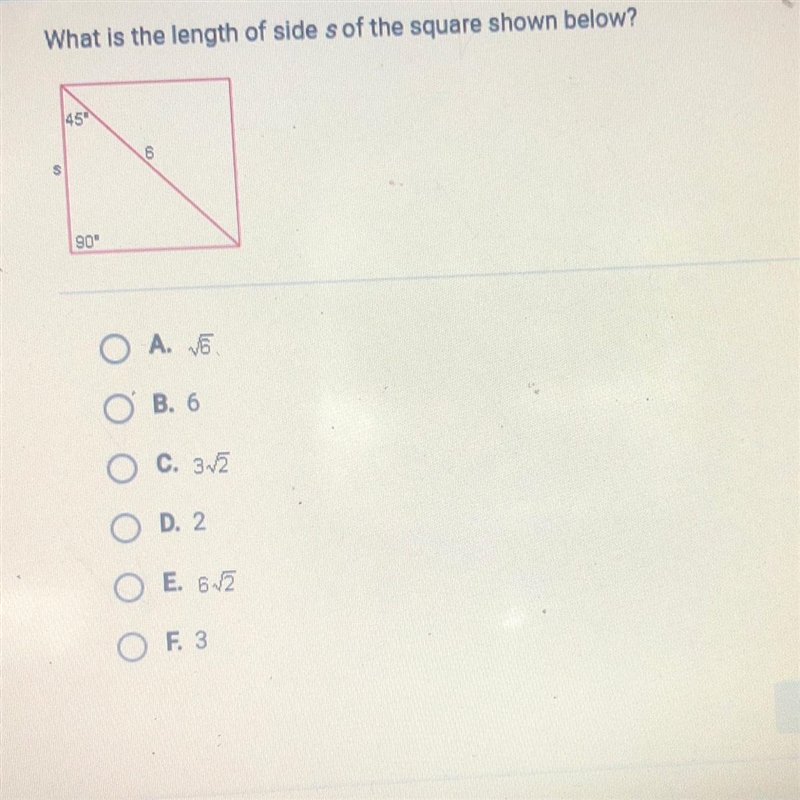 What is the length of side s of the square shown below?-example-1