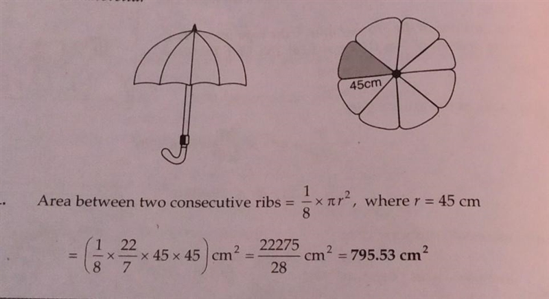 An umbrella has 8 ribs which are equally spaced (see fig.). Assuming umbrellato be-example-1