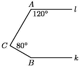 Lines l and k are parallel to each other. A=120 degrees. and C=80 degrees. What is-example-1