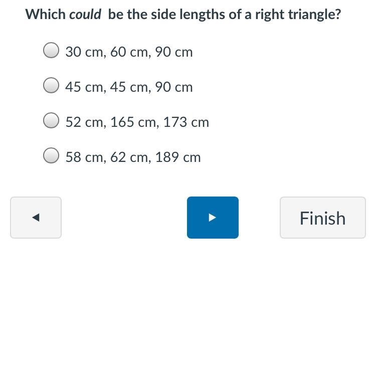 Which could be the side lengths of a right triangle?-example-1