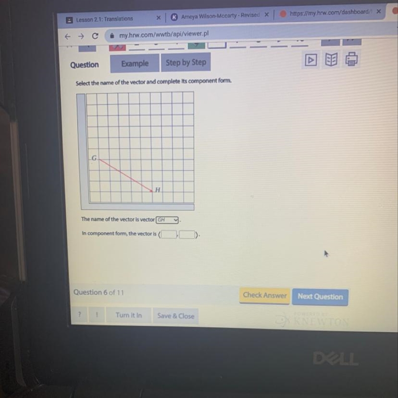 Select the name of the vector and complete its component form. G Н. The name of the-example-1