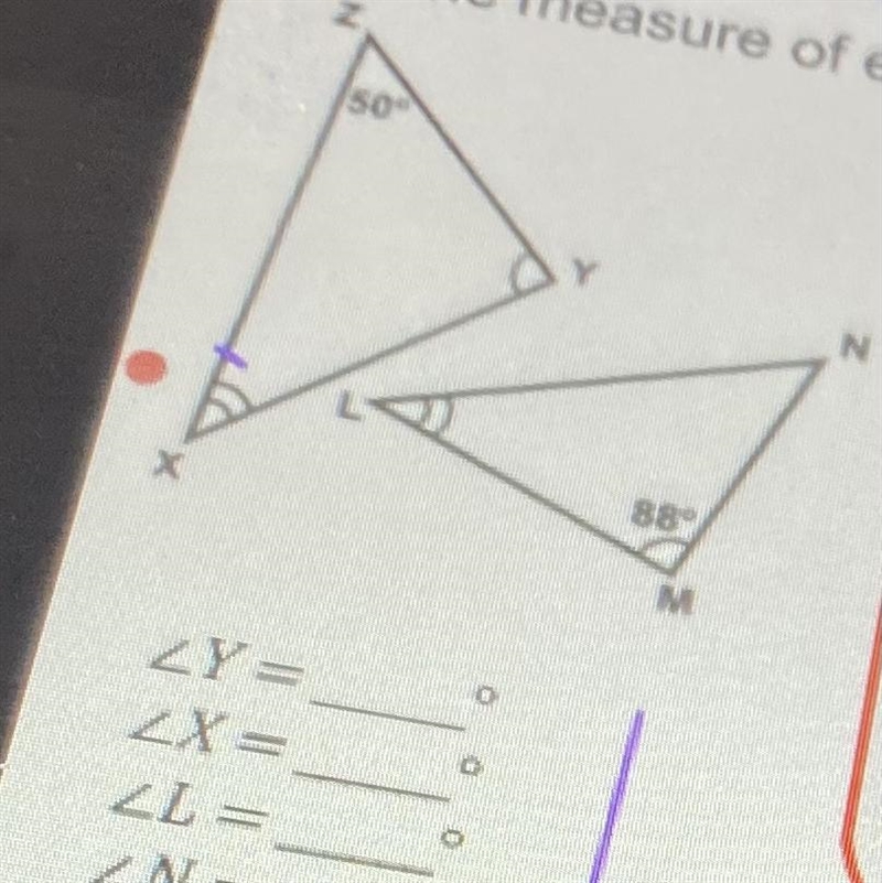 Also the last one is a N — Find the measure of each missing angle in each triangle-example-1