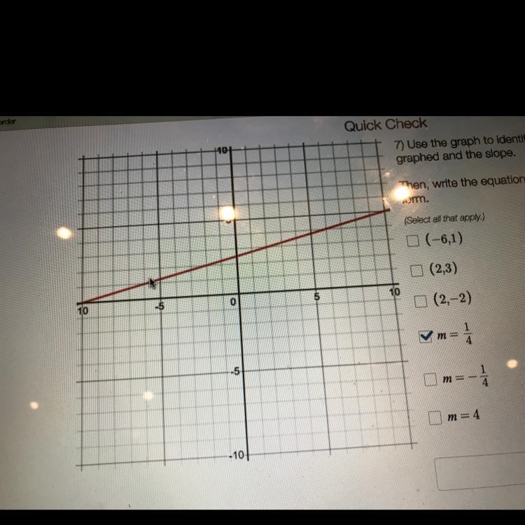 Use the graph to identify which point(s) below are graphed and the slope. Then, write-example-1