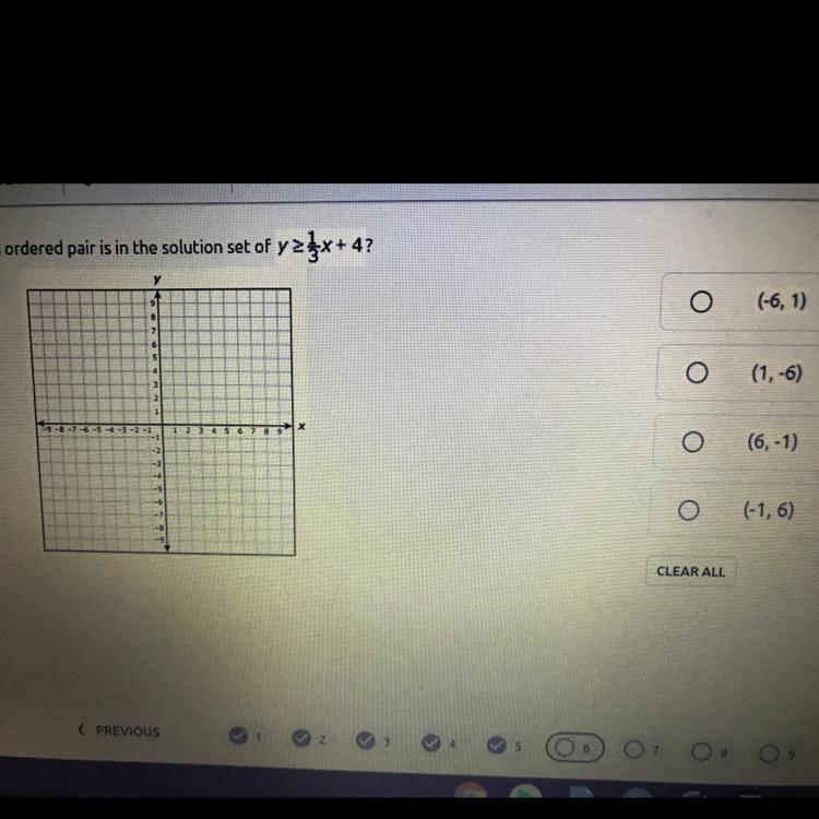 Which ordered pair is in the solution y>=1/3x+4 A. (-6,1) B. (1,-6) C. (6,-1) D-example-1