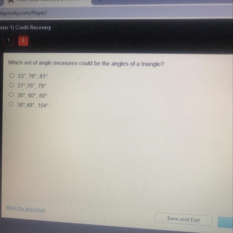 Which set of angles measures could be the angles of a triangle?-example-1