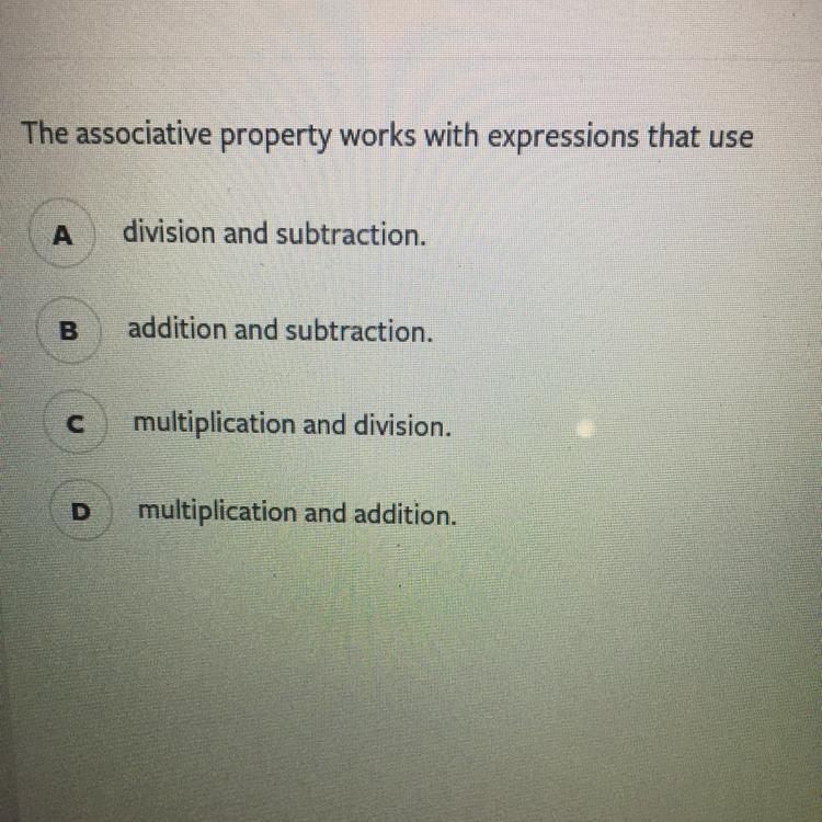 The associative property works with expressions that use А division and subtraction-example-1