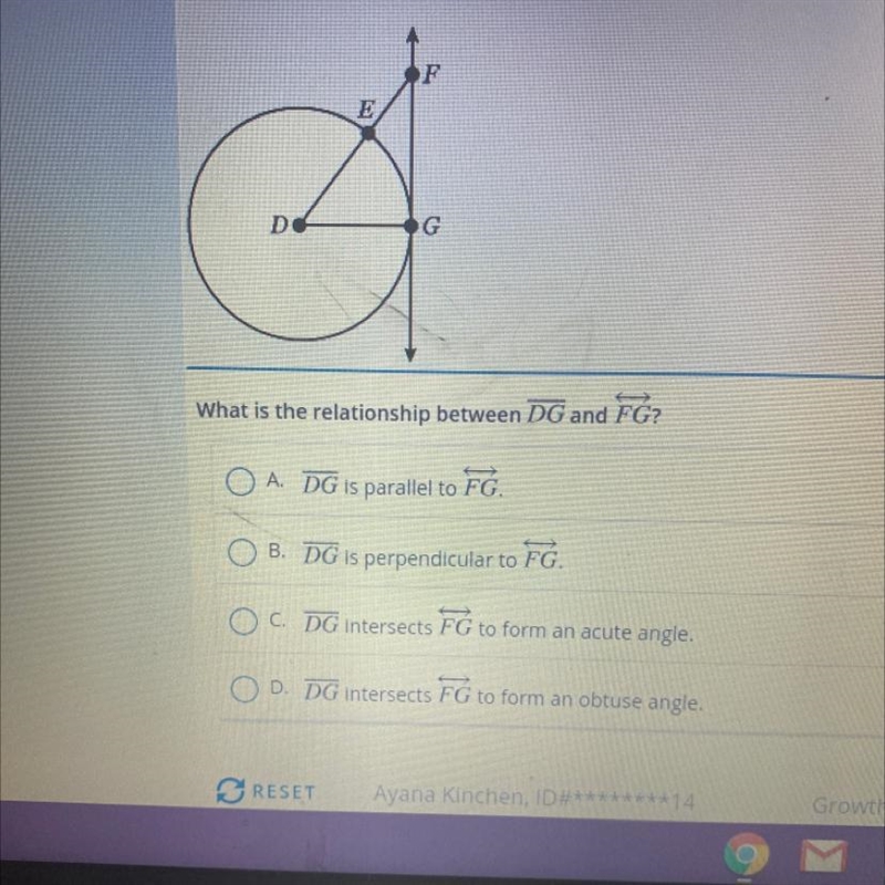 In the figure shown, FG is tangent to circle D. DO G What is the relationship between-example-1