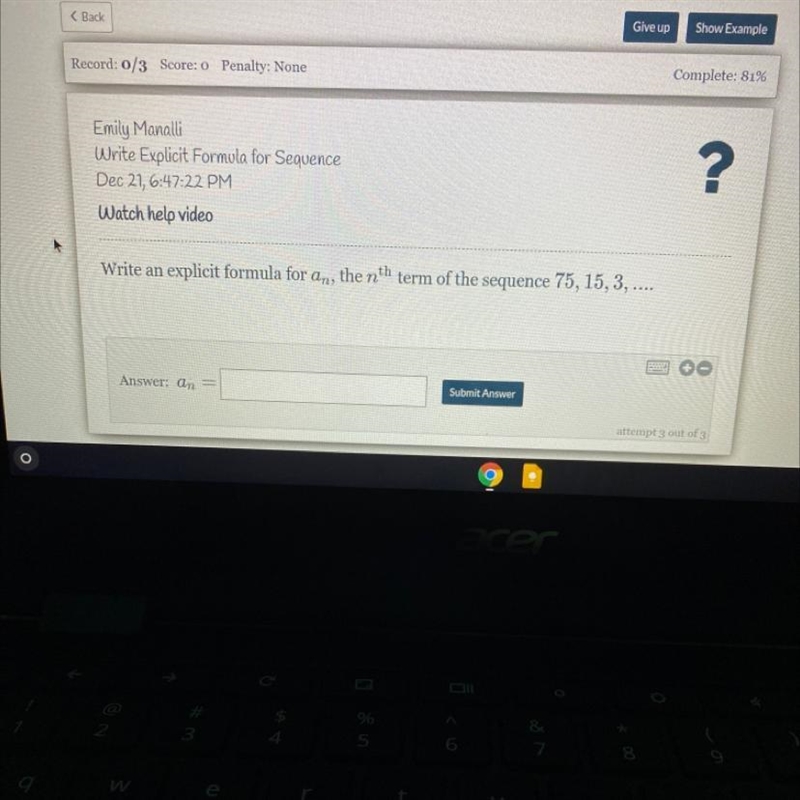 Write an explicit formula for an the nth term of the sequence 75,15,3,...-example-1