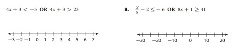 1) 4x + 3 23 2) x/5 -2 ≤ -6 or 8x + 1 ≥ 41-example-1