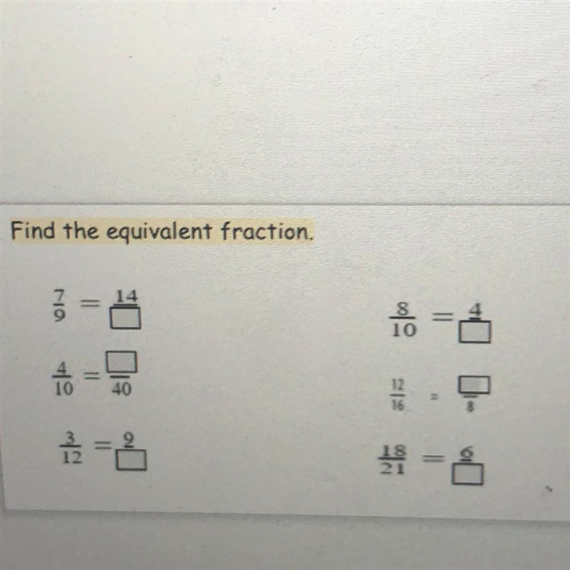 Please help me find the equivalent fractions!-example-1