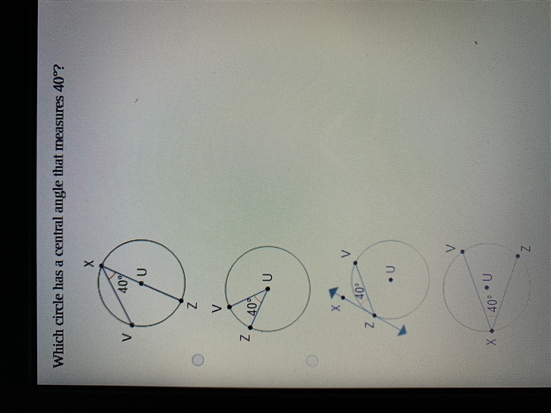 Which circle has a center angle that measures 40 degrees-example-1