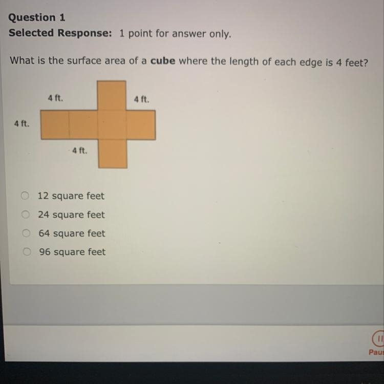 HELP ASAP!! What is the surface area of a CUBE where the length of each edge is 4 feet-example-1