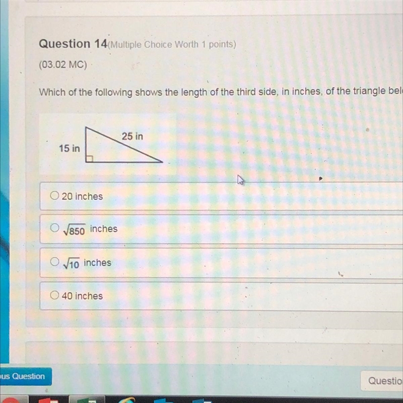 Which of the following shows the length of the third side, in inches, of the triangle-example-1