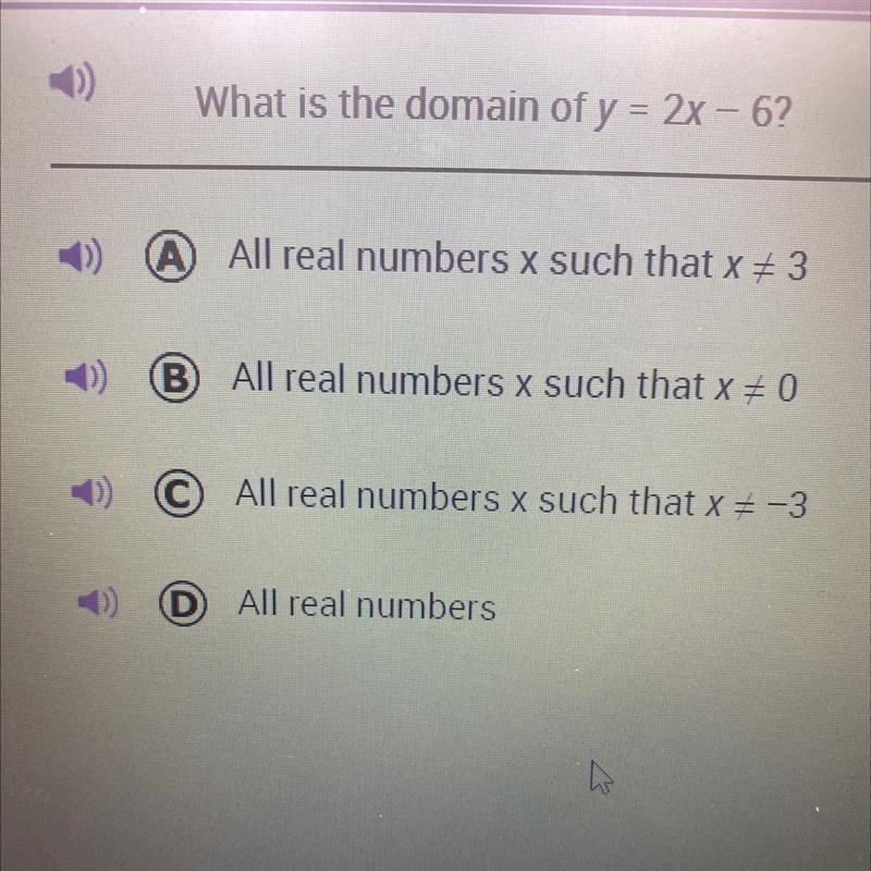 What is the domain of y=2x-6?-example-1