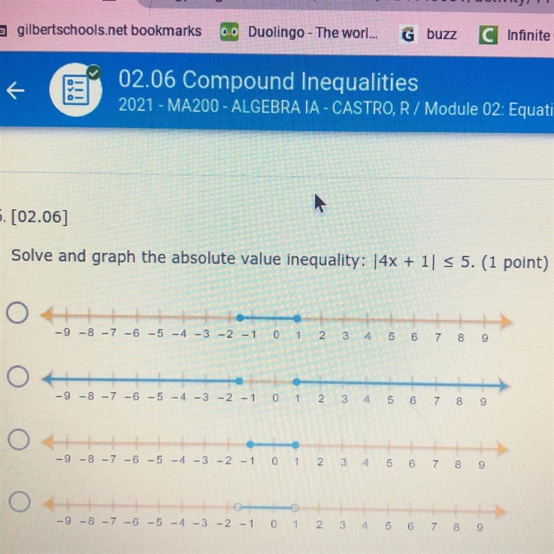 Solve and graph the absolute value inequality: |4x+1|<_5-example-1