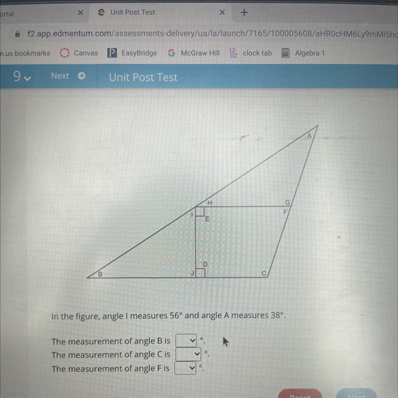 In the figure, angle I measures 56° and angle A measures 38°. The measurement of angle-example-1