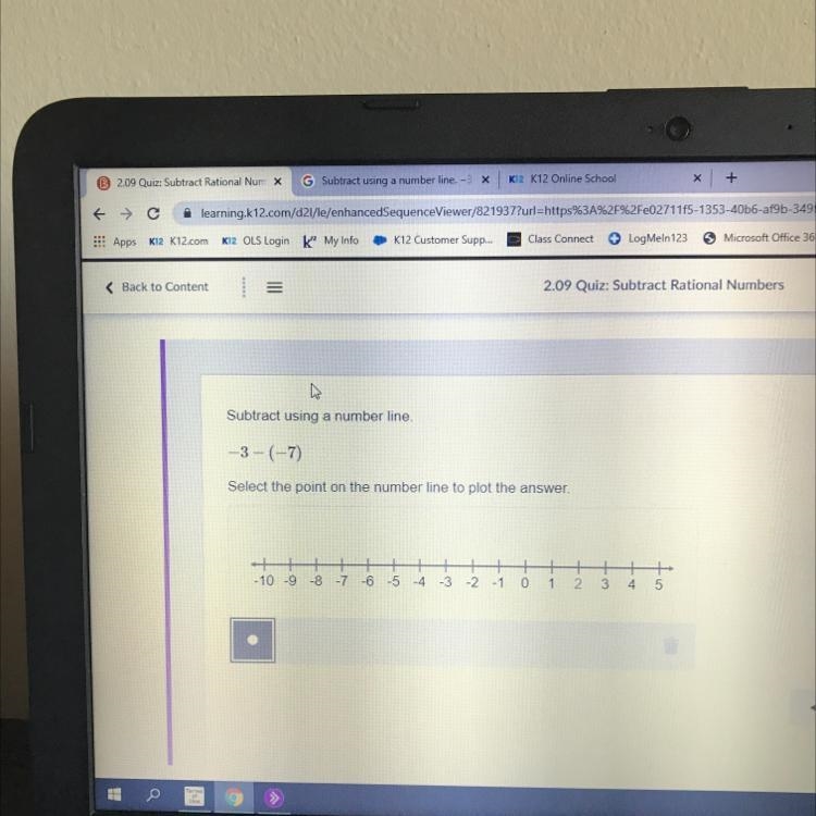 Subtract using a number line, -3-(-7) Select the point on the number line to plot-example-1