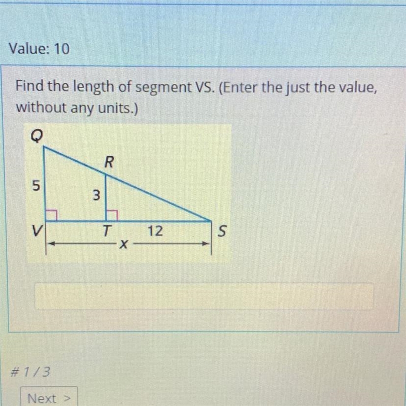 Find the length of segment VS. (Enter the just the value, without any units.) R 5 3 T-example-1